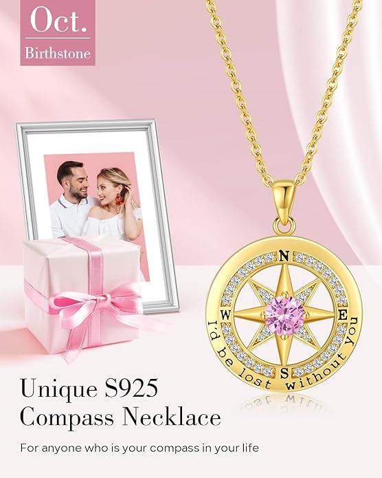 S925 Necklace Gift for Wife |Compass Jewelry |Women Anniversary |Sterling Silver |Girlfriend Birthday Gifts for Her Valentines |I'd be Lost without You |Jewel 18K Gold