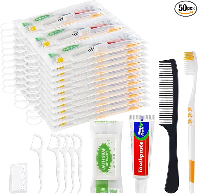 Personal Care Travel Toiletries Sets Bulk - Pack of 50,Disposable Toothbrushes with Toothpaste and Floss,Comb,Soap,Cover,Zip Bag 7-IN-1 Travel Size Toiletry Kit for Hotel,Guest,Homeless,Charity,Church