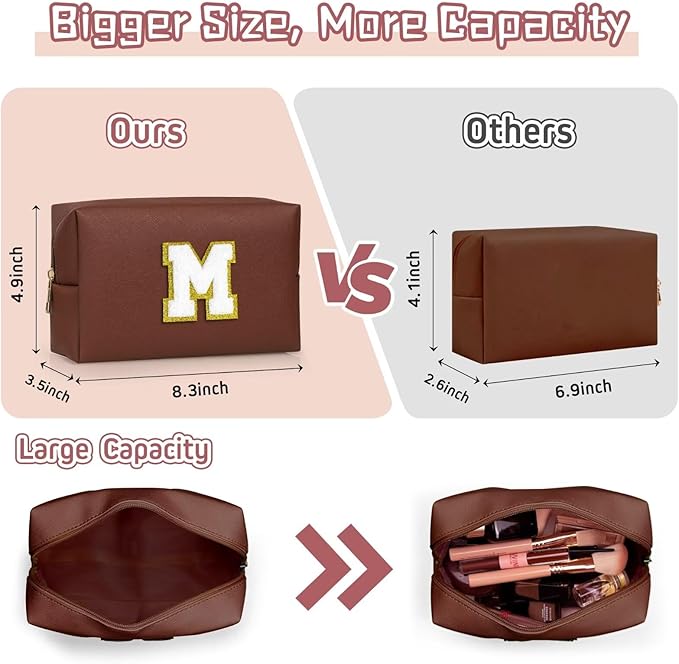 TOPEAST Travel Makeup Bag, Personalized Initial Toiletry Bag w Zipper, Cute Makeup Pouch, PU Leather Waterproof Cosmetic Bag, Birthday Gift for Daughter, Preppy Things for Girls (Brown G)