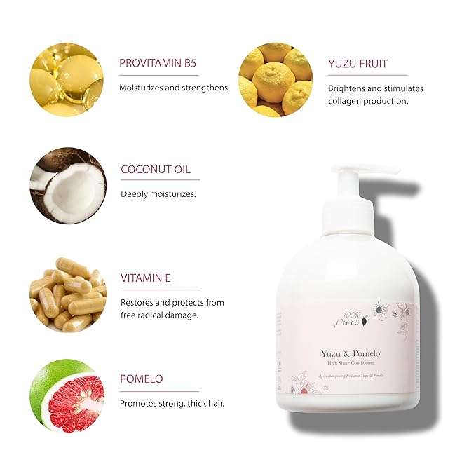 100% PURE Yuzu & Pomelo Glossing Conditioner Revitalizing & Hydrating Nutrient Boost of Kelp Flax Seed Oil & Vitamin E Helps Restore Hair Shine Body & Strength for Women & Men, Vegan - 16 Fl Oz