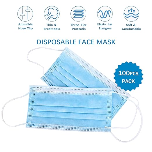 DC-BEAUTIFUL 100 Pcs Blue Disposable 3 Ply Earloop Face Masks,Fit for Adults