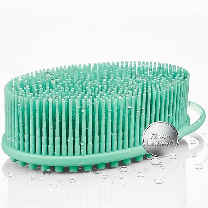 Silver Infused Silicone Body Scrubber Shower - Gentle Back Scrubber Soft Bristles - Avilana Premium Dual Sided Bath Brush Massage - Advanced Material Loofah Alternative - Gift Women Men