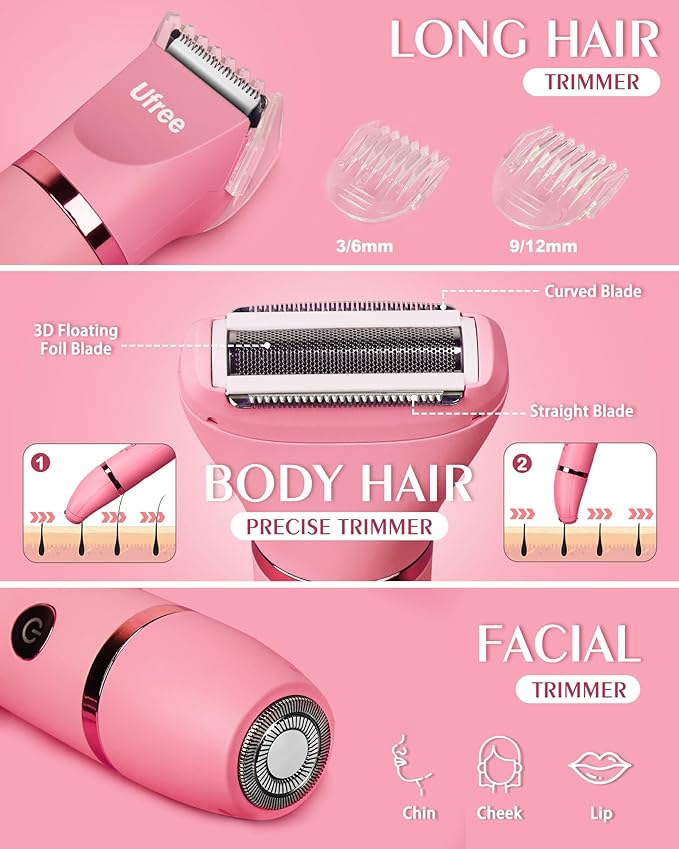 Ufree Bikini Trimmer Electric Razors for Women, Rechargeable Pubic Hair Trimmer Electric Shaver for Legs Body Hair, Bikini Shaver IPX7 Waterproof, Rose Red