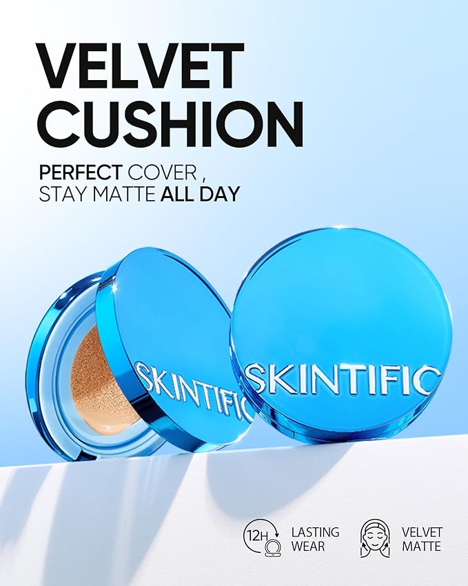 Velvet Matte Cushion Foundation Blue Ultra Cover Powder Foundation, 12h Oil-Control, Lightweight, Long-Lasting, Waterproof Korean Cushion Makeup(#04 Beige)