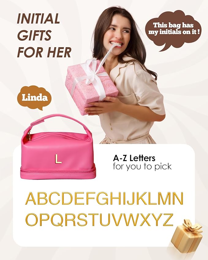 Bridesmaid Proposal Gifts Ideas, Travel Makeup Bag with Handle, Initial Cute Gifts for Women Cosmetic Bag with Makeup Brush Organizer, Cute Cosmetic Pouch for Women, Gifts for Friends Female
