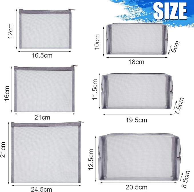 6 Pieces Mesh Makeup Bags Mesh Cosmetic Bag Portable Travel Organizing Zipper Pouch Toiletries Makeup Pouches for Home Office Travel Accessories