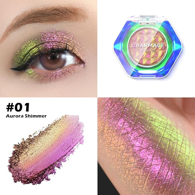CHARMACY Multichrome Glitter Eyeshadow, Intense Pigmentation Chameleon Sparkling Eyeshadow, Bright Highlighter Duochrome Eye Make Up, Multi-Reflective Finishes Glitter Metallic Eye Makeup #01