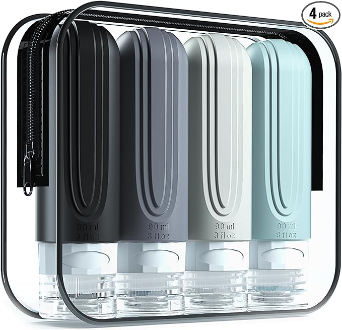 Travel Bottles for Toiletries, Tsa Approved 3oz Travel Size Containers BPA Free Leak Proof Refillable Liquid Silicone Squeezable Travel Accessories for Shampoo Conditioner Lotion (4 Pack)