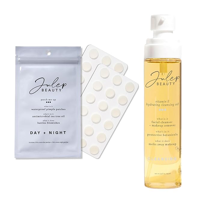 Julep Beauty Pimple Patches + Vitamin E Hydrating Cleansing Oil - Gentle Facial Cleanser Makeup Remover - Clear Acne Patches for Face