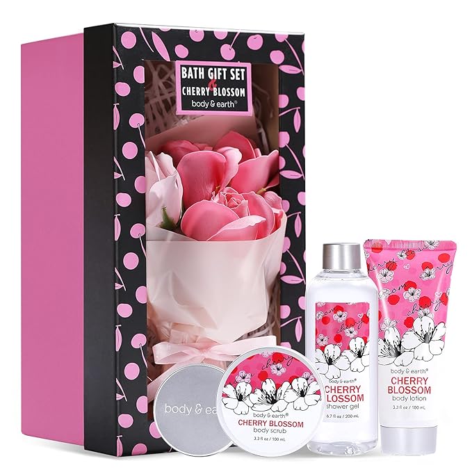 Bath and Body Gift Set for Women - Cherry Blossom Scent with Double-Layer Spa Gift Box, 5 Piece Home Spa Set Includes Shower Gel, Body Scrub, Body Lotion, Hand Soap, Rose Flower, Bath Set Gift for Her