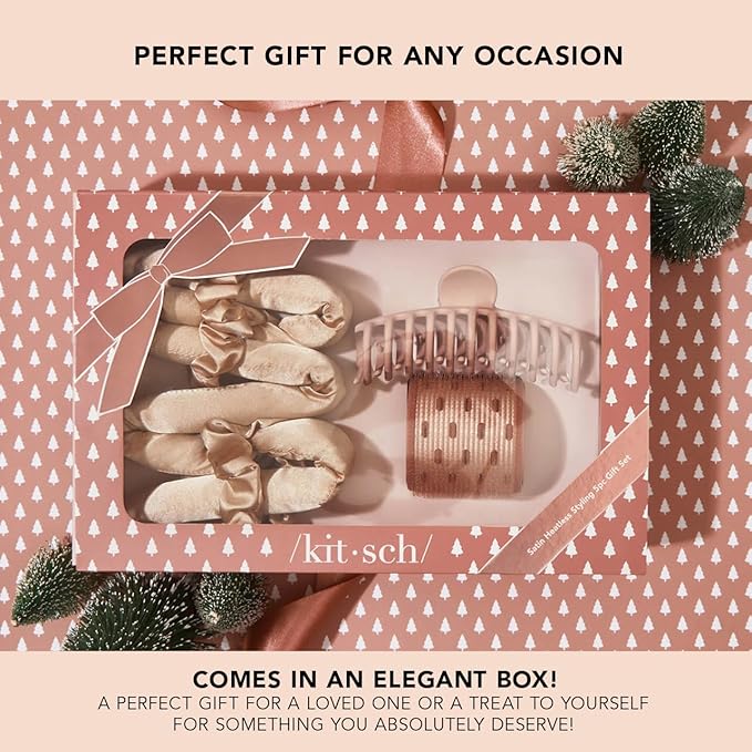 Kitsch Satin Heatless Hair Curler Styling 5pc Gift Set - Satin Heatless Hair Curler w/ 2 Scrunchies, Ceramic Thermal Roller & Claw Clip, Gifts for Women, Hair Roller Styling & Accessories- Champagne