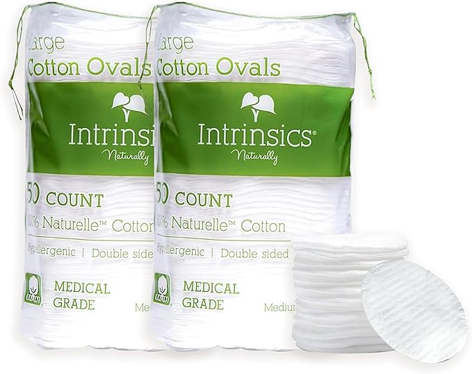 Intrinsics Premium Cotton Ovals (100 Count) – Dual-Sided 3” Medium-High Absorbency Large Cotton Pads, Lint-Free Hypoallergenic Cotton for Makeup Removal, Cleansing, and Exfoliation