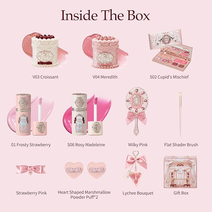 Flower Knows Strawberry Cupid 12 Pack Makeup Gift Box Set,Lip Cream×2+Liquid Blush×2+Makeup Palette×1+Hand Mirror×1+Solid Perfume×1+Hair Clip×1+Cushion Powder Puff×2+Eyeshadow Brush×1+Gift Box×1
