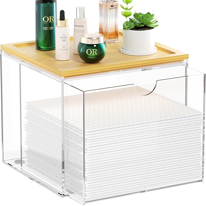 VITVITI Drawer Disposable Face Towel Holder Box, Acrylic Facial Towel Container for XL Clean Skin Club, Large Disposable Face Towel Storage with Bamboo Lid, for Bathroom, Vanity Makeup, Clear