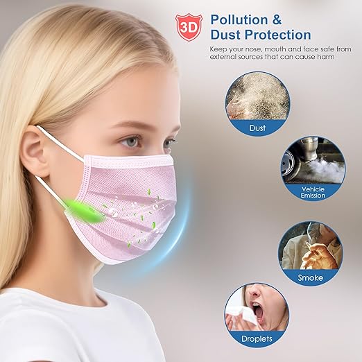 NNPCBT Pink Disposable Face Masks 125 Pack,3-Ply Breathable Mask For Adults,Great For Outdoors,Home, Office, School