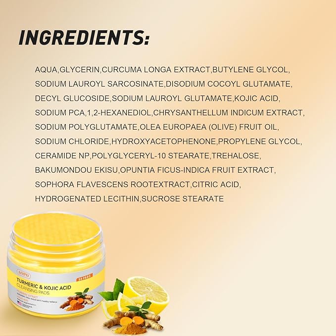 Kojic Acid and Turmeric Cleansing Pads, 50 Pcs, for Face Cleansing and Exfoliation