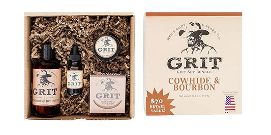 GRIT Boxed Gift Set Bundle Cowhide & Bourbon - Includes 1 Soap, 1 Lotion, 1 Beard Oil, and 1 Beard Balm | All Natural | Dye-Free Lotion | Enriched with Nourishing Goat Milk |