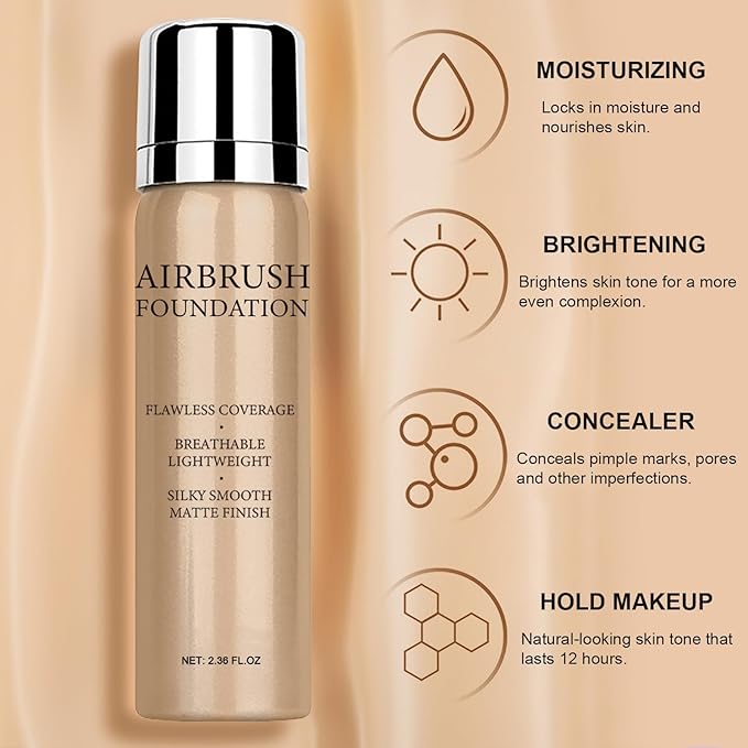 Airbrush Foundation Makeup Spray, Long Lasting Waterproof Full Coverage Foundation for Brighten, Concealer and Hydrating, Natural Matte Finish, Brush and Makeup Sponge Include, 2.36oz (#4 Porcelain)