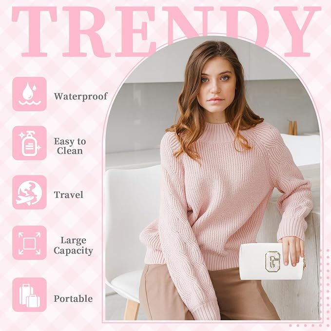 Small Initial Patch Makeup Bag Personalized Gifts Make Up Bag,White Cute PU Leather Glitter Letter Cosmetic Bag with Zipper,Trendy Portable Travel Toiletry Pouch,Preppy Stuff for Teen Girls Women G