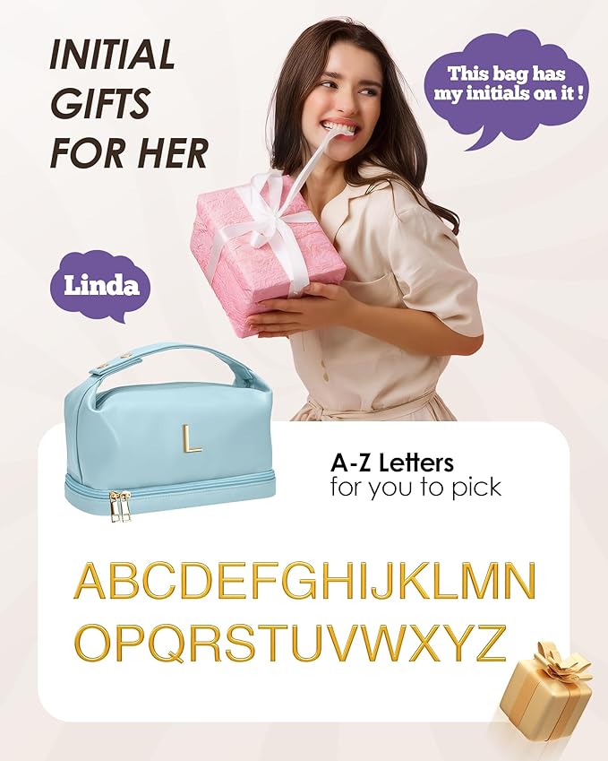 Teenage Girls Gifts Ideas, Personalized Makeup Bag with Handle, Initial Double Layer Cosmetic Bag with Makeup Brush Organizer, Gifts for Girls Teen Girls -10 11 12 13 14 15 16 17 18 Year Old