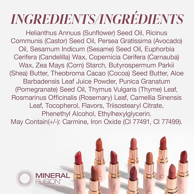 Mineral Fusion Long-Lasting Lipstick, Vivid & Smudge-Free Lip Color with Avocado Oil, Cocoa Seed Butter, Free of FD&C Dyes, Paraben and Gluten, Rose Sangria