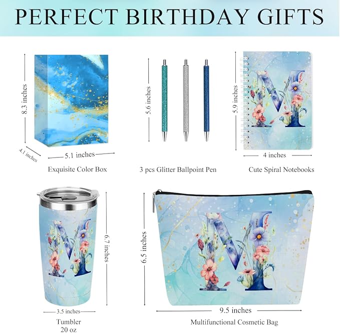 Personalized Gifts Monogrammed Birthday Gifts for Women, Her, Teacher Mother in Law Wedding Christmas Initial 20 oz Tumbler, Makeup Bag Cup Pens Journal Notebook 6 Set, (Aesthetic Blue Flower M)