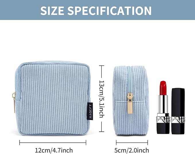 MAGEFY Small Makeup Bag for Purse Mini Cosmetics Bag Corduroy Cute Cosmetic Pouch for Women with Slip-in Pockets