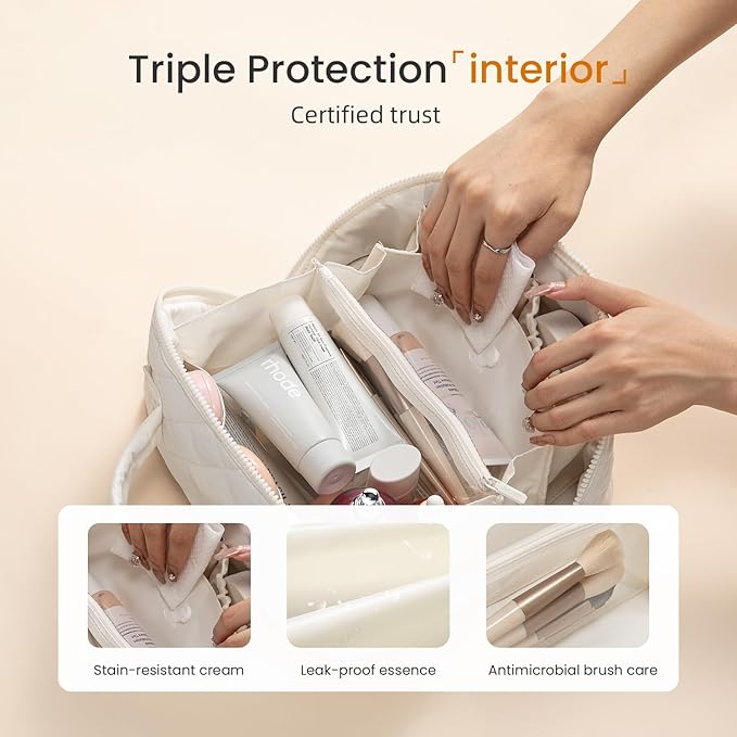 LOVEVOOK Travel Makeup Bag for Women, 2Pcs Set Puffer Waterproof Cosmetic Organizer, Large Capacity Pouch Open Flat Toiletry Bag with Divider & Handle, Portable Gift for Her, Green