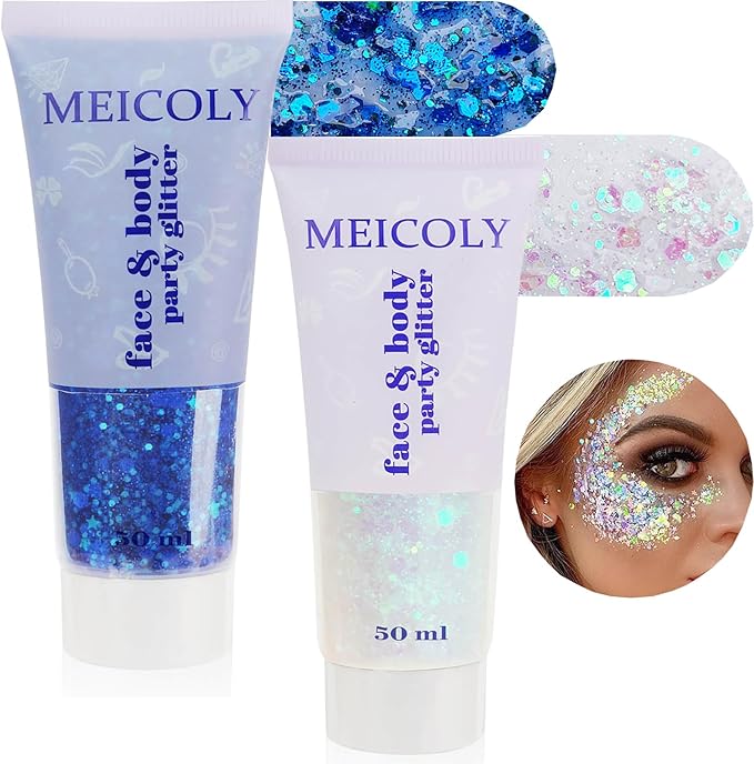 MEICOLY Blue and Clear White Face Body Glitter Set,Mermaid Face Glitter Gel,Singer Concerts Festival Rave Accessories,Sparkling Sequins Glitter Face Paint for Women and Kids,Chunky Glitter Makeup