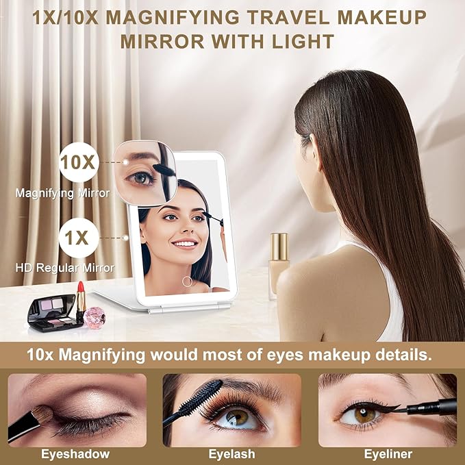 Mocado LED Foldable Travel Makeup Mirror - 5x7 inches 3 Colors Light Modes USB Rechargeable Touch Screen, Portable Tabletop Cosmetic Mirror for Travel, Cosmetic, Office (White)