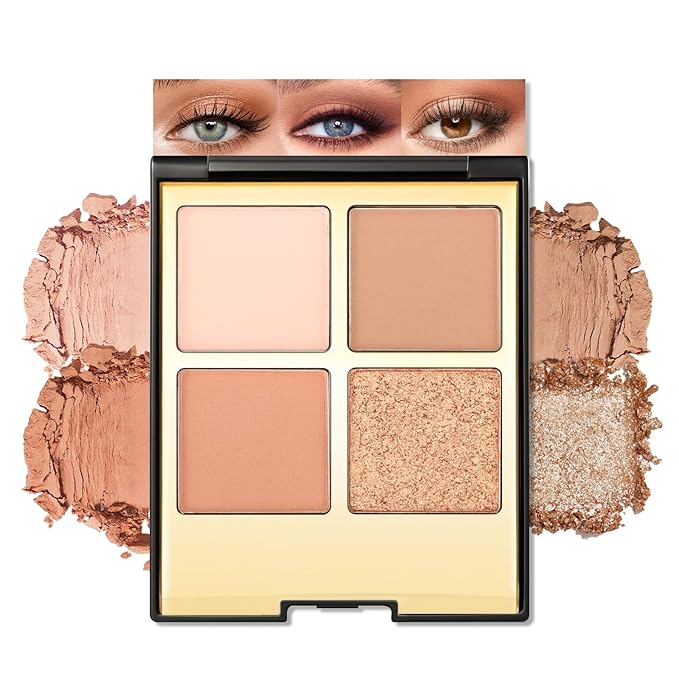 Erinde 4 Colors Eyeshadow Palette Eye Shadow Makeup, Matte Shimmer Metallic Off-white Light brown Peach Bronze Nude Neutral Eyeshadow, Long Wearing, Pigmented Blendable, Quad Eye Shadow Palette, 06