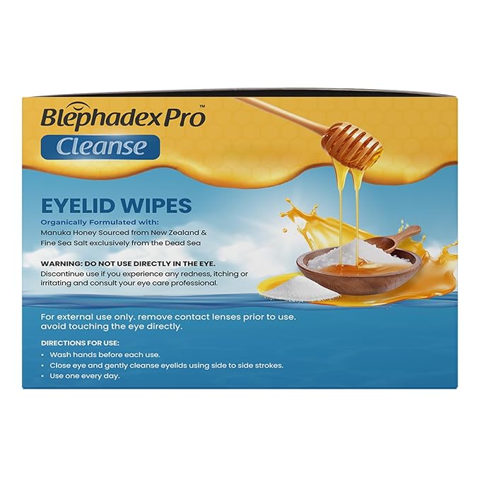 Lunovus Eyelid Wipes with Manuka Honey & Dead Sea Salt - Box of 30, Individually Wrapped, Pre-Moistened for Daily Hygiene & Dry Eyes Relief, Makeup & Debris Removal, Adults