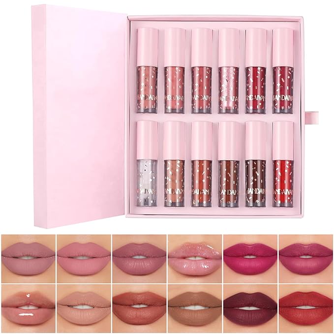 12Pcs Nude Matte Liquid Lipstick Set, Waterproof Long Lasting Non-Stick Cup 12 Colors Nude Lipstick 24 Hour Not Fade Matte Lipstick Professional Lip Gloss Makeup Mother's Day Gift Sets for Women
