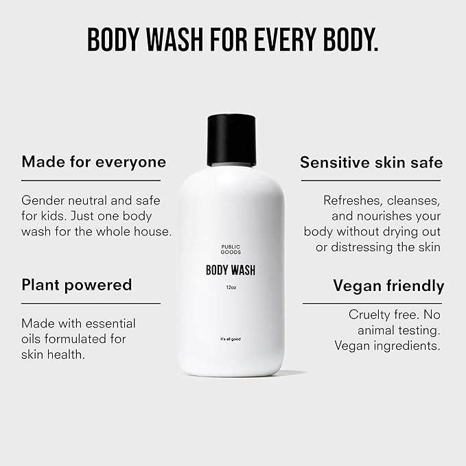 Public Goods Body Wash for Men and Women | Natural Soap for Bath & Shower | Body Scrub Made with Organic Essential Oils | Sulfate & Paraben Free | Vegan Friendly | 12 Fl Oz Bottle (Pack of 2)