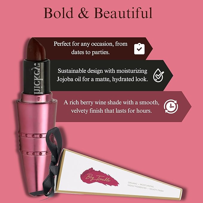 Hickey Lipstick Big Trouble Berry Wine Lipstick Refillable - Hydrating & Moisturizing Shade, Lip Color for Women, Berry Lipstick Long Lasting, Gluten-Free & Vegan with Highly Pigmented