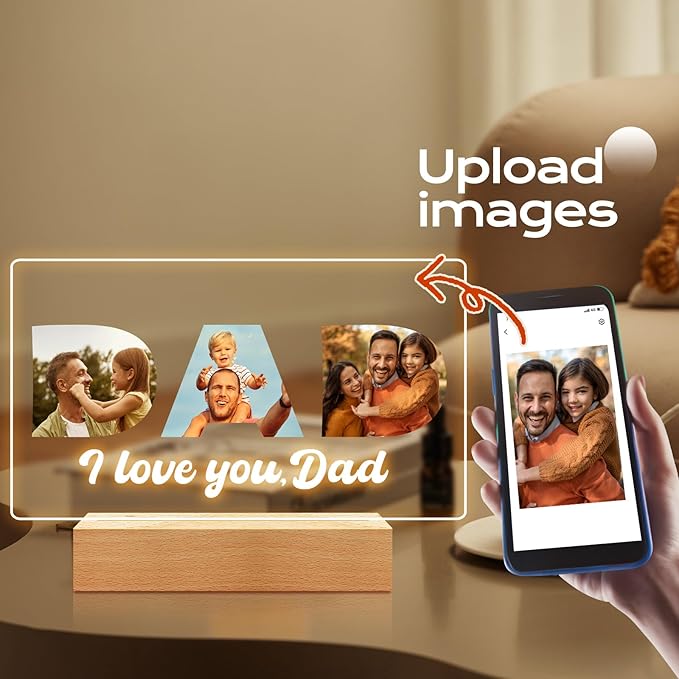 Custom Dad Picture Frame with Photo, Personalized Photo Frame with Night Light, Customized Picture Frames, Personalized Christmas Birthday Gifts for Dad from Daughter & Son
