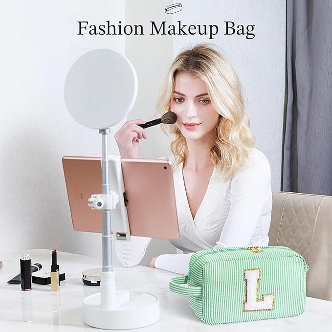 YOOLIFE Initial Makeup Bag Cosmetic Bag for Women, Travel Toiletry Bag, Cute Makeup Pouch Green M