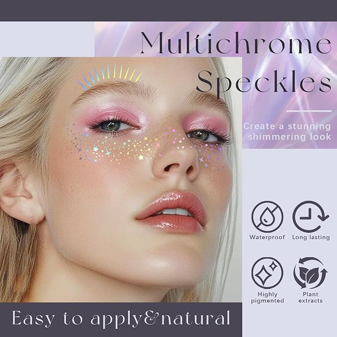 10pcs Holographic Chameleon Silver Glitter Freckles Face Tattoo Set, Color Shift Waterproof Sparkle Face Speckles Patches for Women, Cute Star Temporary Tattoo Fairy Makeup Rave Accessories