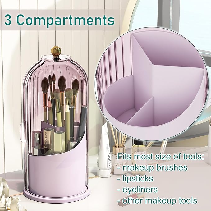 GAXmi Makeup Brush Holder with Lid Cosmetic Tools Organizer 360 Rotating Waterproof Dustproof Beauty Brushes Storage for Vanity, Pink-Purple