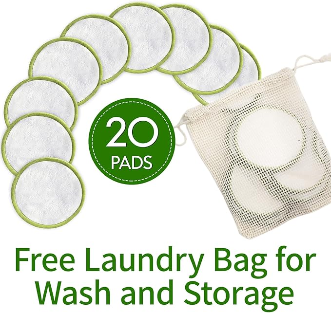 20 Pack Reusable Makeup Remover Face Pads with Laundry Bag Washable Soft and Comfortable Cleaning Face Skin,Washable Bamboo Cotton Rounds (White)