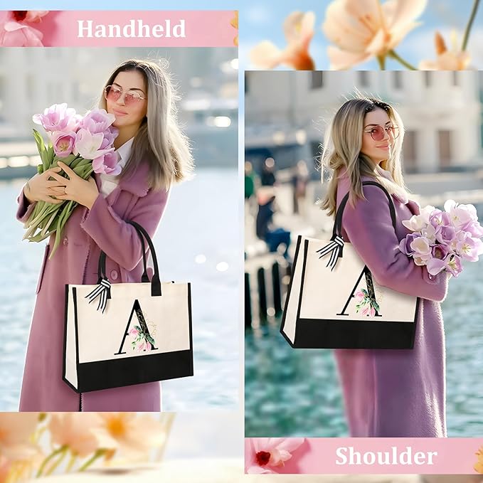 AYGE Personalized Initial Canvas Beach Tote, Monogrammed Gifts for Women, Makeup Bag, Birthday Gifts for Sister, Mom, Teacher, Bridesmaid (A)