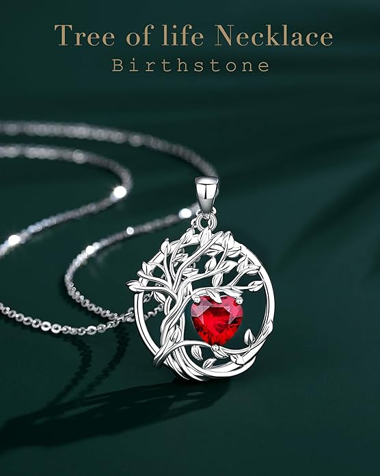 FANCIME Tree of life Birthstone necklace Sterling Silver Pendant Birthstone Necklace Gemstone Anniversary Birthday Jewelry Christmas Gifts for Mom Her Wife