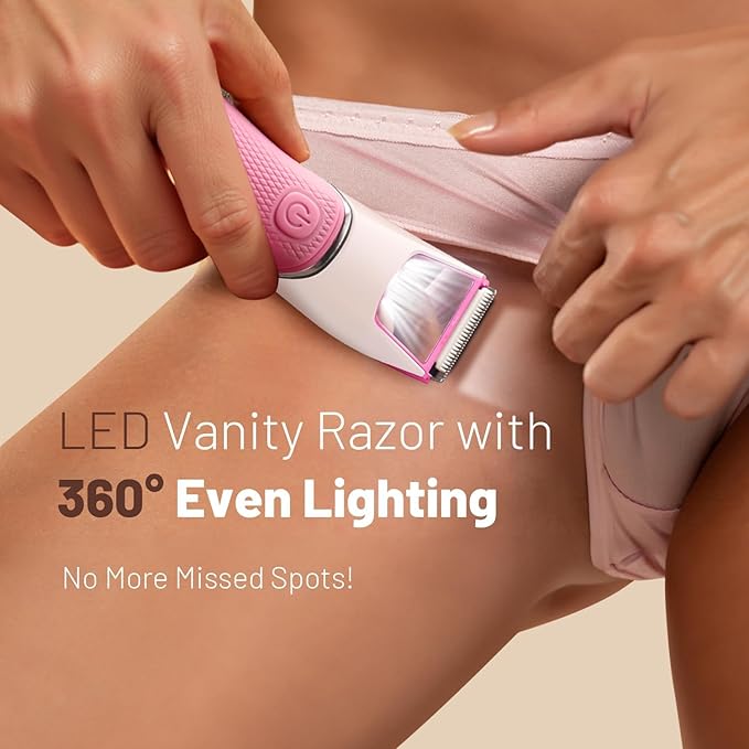 Bikini Trimmer for Women: Pubic Hair Razor with Mirror & LED Light, Electric Shaver with Ceramic Blades & Travel Lock - Body Groomer IPX7 Waterproof Use for Legs/Arm/Underarm - Rose Red