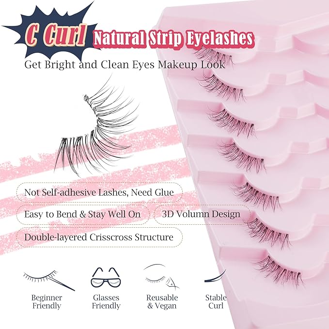 Natural Half Lashes Cat Eye Eyelashes 13MM False Eyelashes Natural Corner Lashes Wispy 3D Volume Half Eyelashes Pack with Thin Cotton Band 3/4 Lashes Extension 7 Pair Siligli