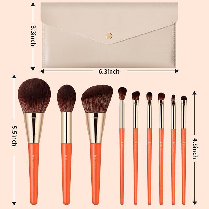 DUcare Makeup Brushes 9Pcs Vegan Makeup Brush Set with Travel Pouch - Face & Eye Brush Kit for Powder Contour Blush Concealer Eyeshadow Blending & Detailing, Synthetic Bristles,Orange