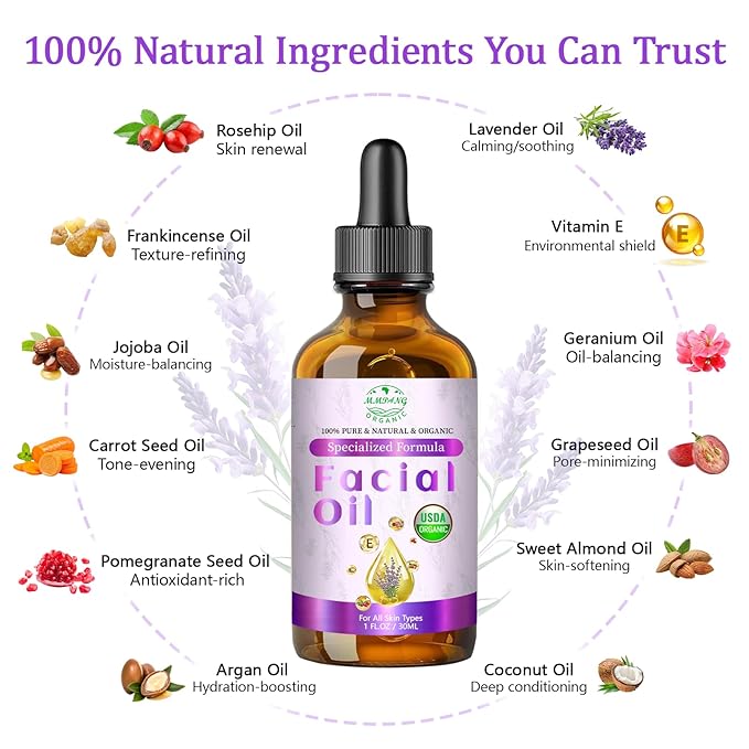 Organic Face Oil with Lavender, Rosehip, Frankincense, Pomegranate & Vitamin E - USDA Certified Cold Pressed 100% Natural Anti-Aging Facial Oil for Moisturizing, Brightening - 1oz / 30ml