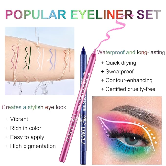 7 Colorful Eyeliner Pen Set, Eye Shadow Pencil, Pearl Eyeliner Kit Metallic Glitter Colored Eye liner for Women Eye&Lip Liner Professional Waterproof Eye Makeup (7PCS B)