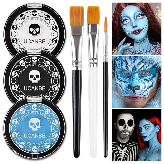 White Black & Light Blue Face Body Paint for Halloween Sally & Corpse Bride Makeup, Non-Toxic Face Painting Kit with Brushes for Kids Adults Smurf Avatar Mermaid & Demon Costume Cosplay SFX Make Up