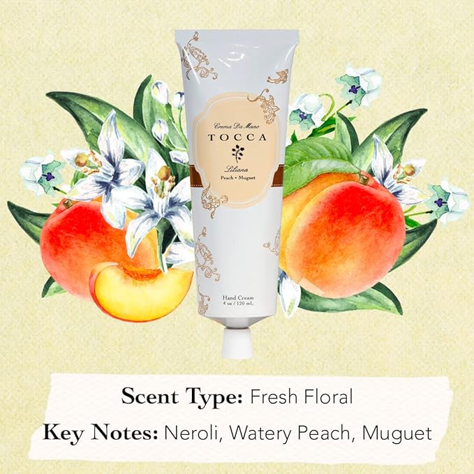 Tocca Crema de Mano Luxe, Liliana Hand Cream, 4 oz - Neroli, Watery Peach, Muguet - Moisturizing, Quick Absorbing