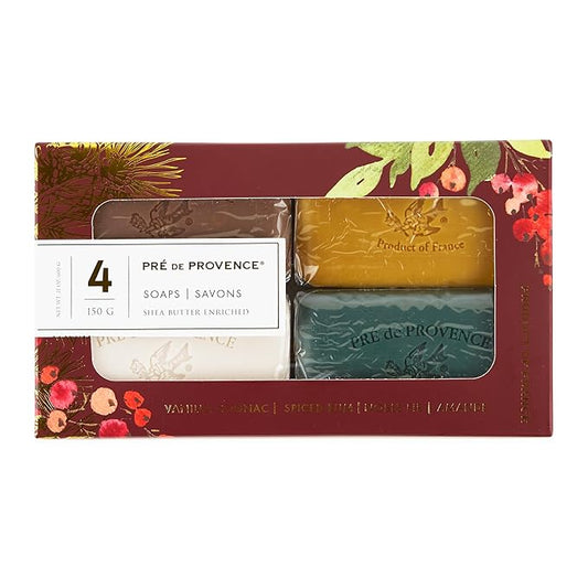 Pre de Provence Heritage Holiday Soap Gift Set/4 - Full Size French Soap Bars - Quad-Milled, Assorted Scents, 4 x 150g